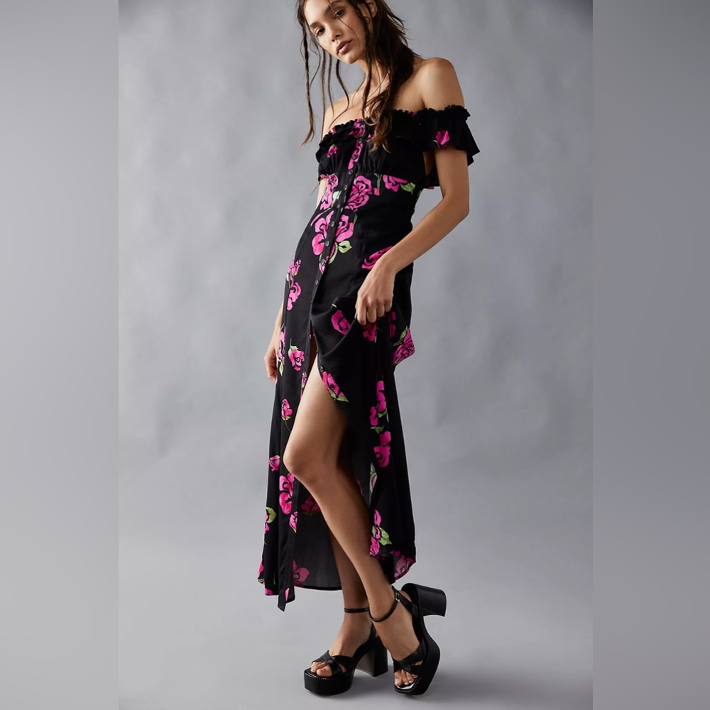 Free People Black and Pink Floral Midi Dress